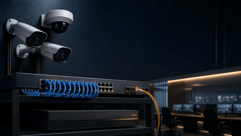 نظام كاميرات مراقبة PoE يوضح كاميرات IP وسويتش PoE وNVR وفايبر Uplink داخل غرفة تحكم احترافية