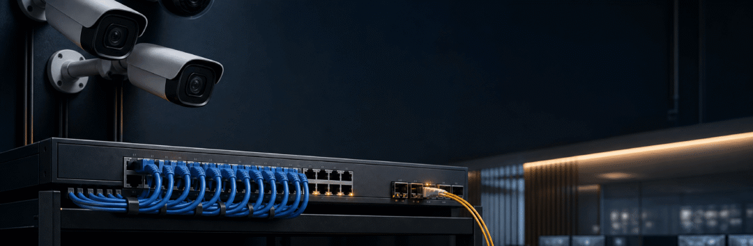 نظام كاميرات PoE لمشروعات CCTV نظام كاميرات مراقبة PoE يوضح كاميرات IP وسويتش PoE وNVR وفايبر Uplink داخل غرفة تحكم احترافية