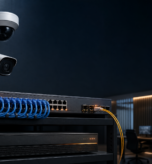 نظام كاميرات مراقبة PoE يوضح كاميرات IP وسويتش PoE وNVR وفايبر Uplink داخل غرفة تحكم احترافية
