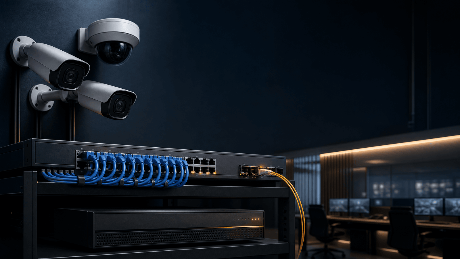 نظام كاميرات مراقبة PoE يوضح كاميرات IP وسويتش PoE وNVR وفايبر Uplink داخل غرفة تحكم احترافية